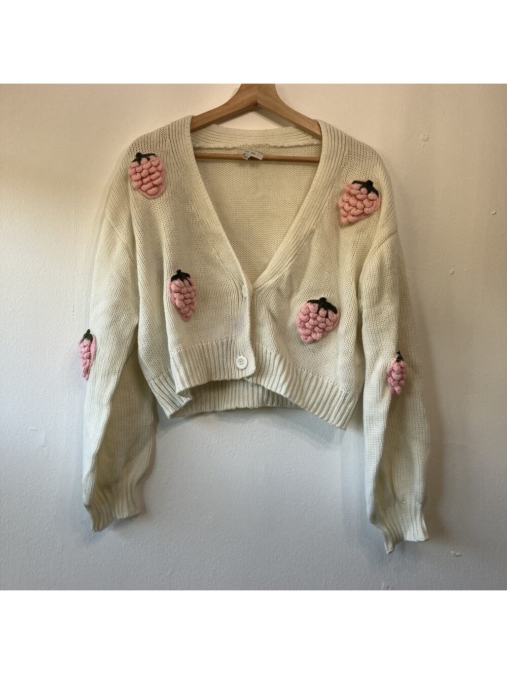 Cottage 3D Strawberry Fruit Novelty Sweater Chunky Cardigan Artsy Indie Large